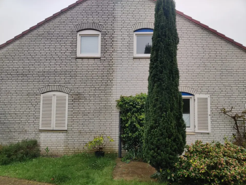 Helle Ziegelfassade eines Wohnhauses mit sichtbaren Verschmutzungen und Algenbelägen; Beispiel für den Bedarf an Fassadenreinigung und Schutzversiegelung.